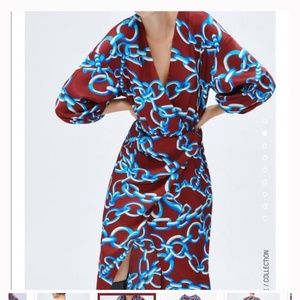 zara satin wrap chain midi dress